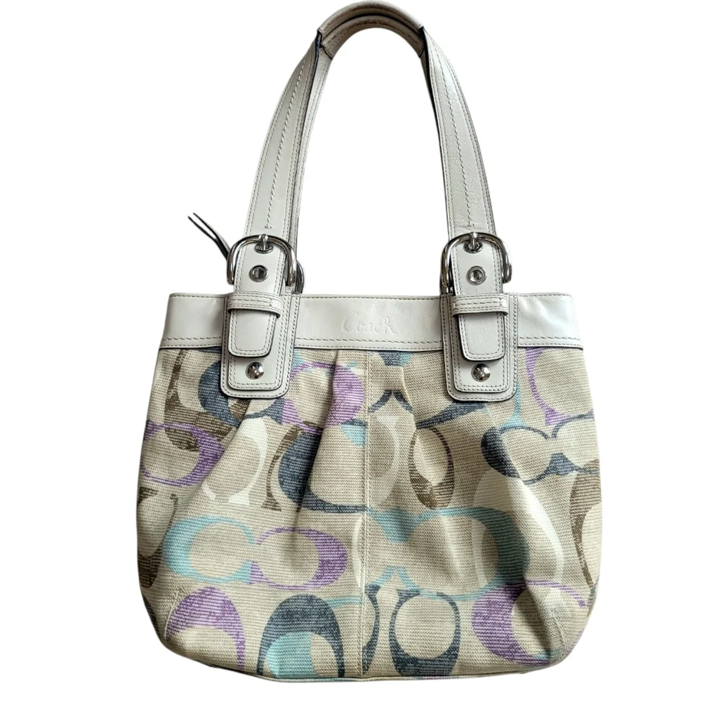 Coach Soho Linen Op Art Tote #16591 White Leather Purple Satin Interior - Picture 1 of 14